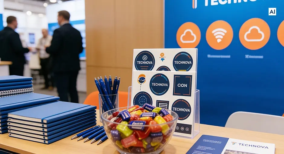 Messestand mit Schale voller Süßigkeiten, Stapel blauer Notizbücher, mehrere Kugelschreiber und Werbematerialien der Firma TechNova, unscharfe Personen im Hintergrund.