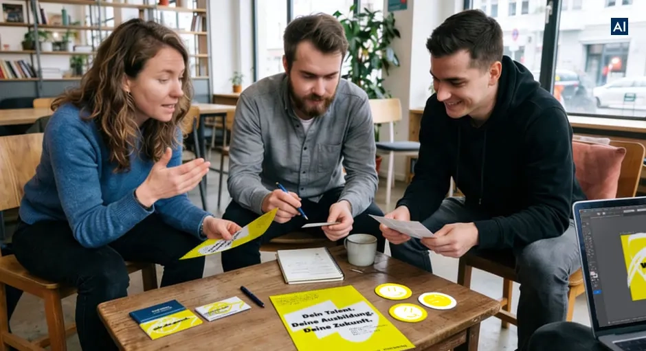 Drei Personen sitzen in einem Café an einem Holztisch und schauen sich Flyer, Karten und Aufkleber mit gelbem Design an.