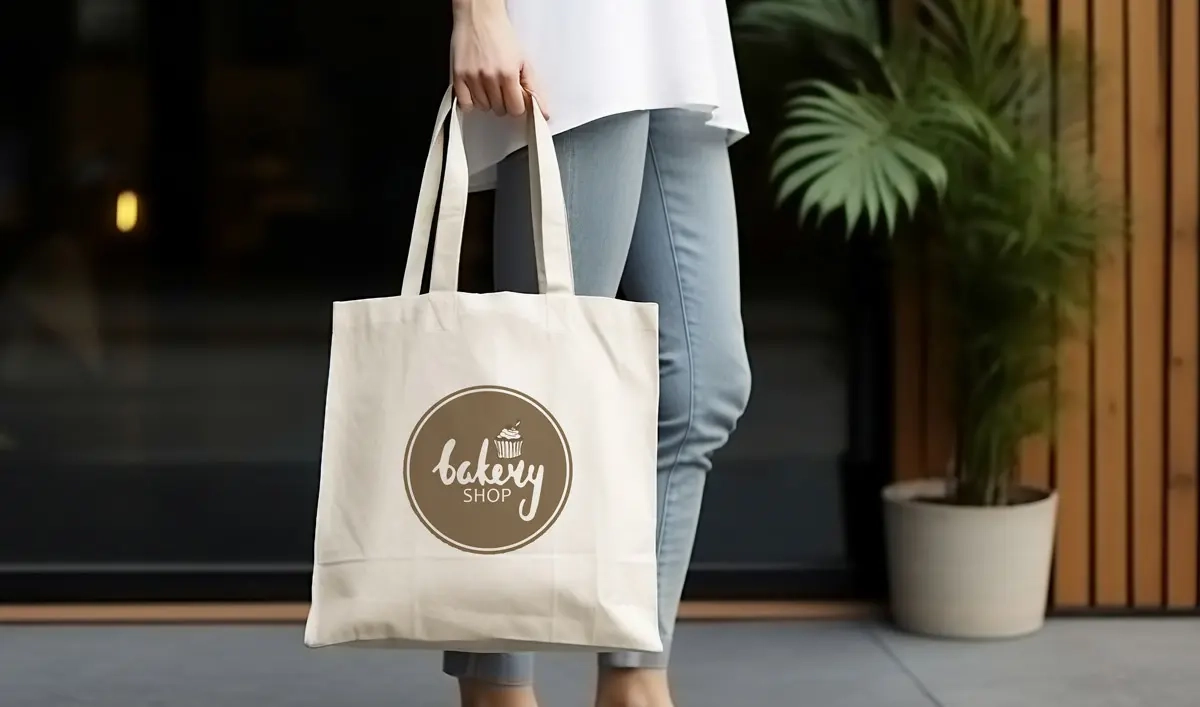 Person hält eine helle Stofftasche mit rundem braunem "bakery shop"-Logo; Beine und Topfpflanze im Hintergrund.