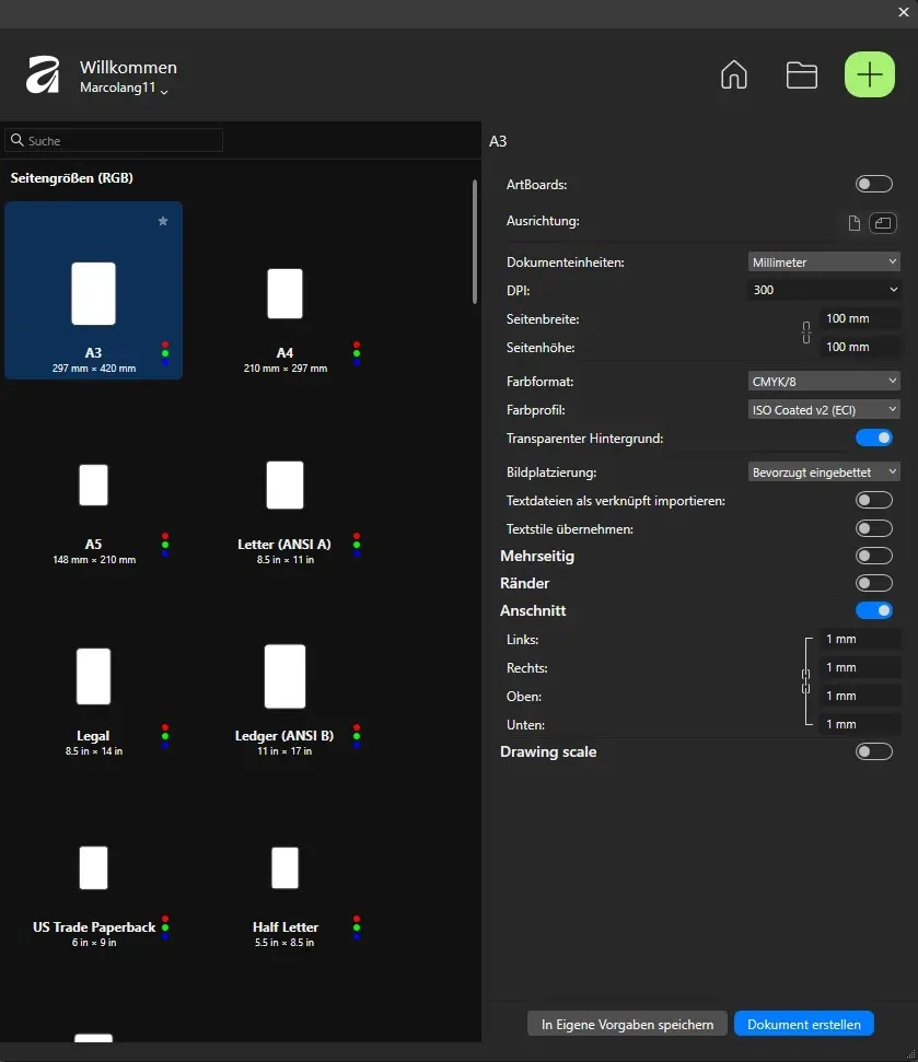 Screenshot des 'Neues Dokument'-Fensters einer Grafiksoftware mit Seitenformat-Optionen links und Dokumenteinstellungen (Größe, DPI, Farbprofil) rechts.