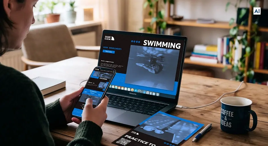 Person an einem Holztisch betrachtet Smartphone und Laptop mit einer Webseite über Schwimmen; Tablet/Flyer und eine Tasse mit der Aufschrift ‚Coffee & Ideas‘ liegen daneben.