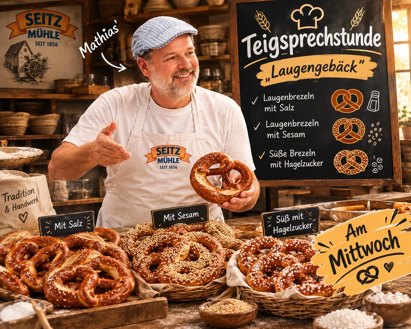 Bäcker in Schürze und Mütze hält eine Laugenbrezel; davor Körbe mit Salz-, Sesam- und zuckerbestreuten Brezeln und beschriftete Tafeln.