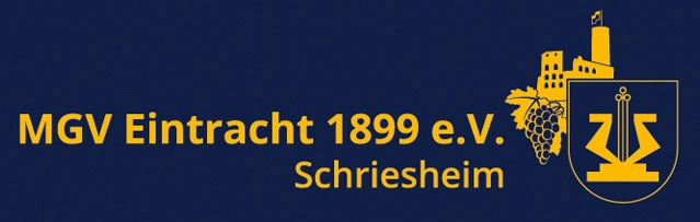 Blaues Bild mit gelbem Vereinslogo: Schriftzug 'MGV Eintracht 1899 e.V. Schriesheim' und ein Wappen mit Trauben und stilisiertem Stadtmotiv.