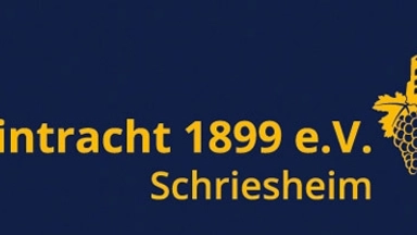 Blaues Bild mit gelbem Vereinslogo: Schriftzug 'MGV Eintracht 1899 e.V. Schriesheim' und ein Wappen mit Trauben und stilisiertem Stadtmotiv.